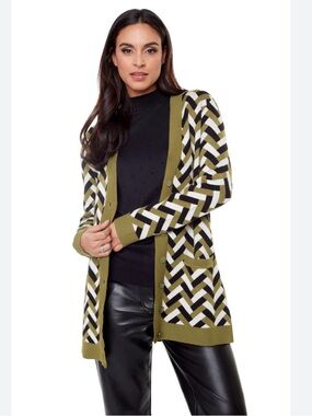 NWT Simons Contemporaine Long Cardigan. Geometric Herringbone Pattern - Size S